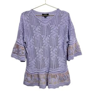 Lipslide Womens Sweater Small Lavender Lace Openwork Knit Ruffled Romantic